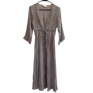 REBELLION Women Maxi Dress XS Grey Boho Embroidered Kimono Cover Up Bell Sleeve